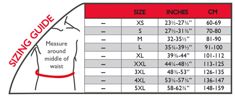 Image of thermoskin lumbat support sizing chart for black and beige 
