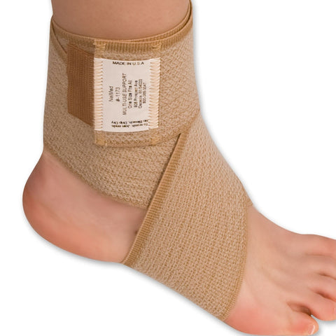 Image of nelmed multi-use wrap, wrapped around ankle, beige color