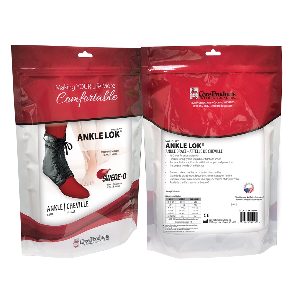 Front and back of Swede-O Ankle Lok Brace with knit tongue package, in black,