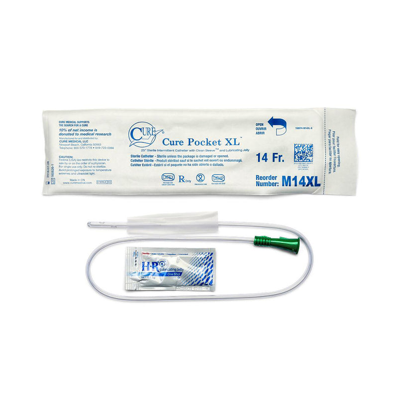 Cure Medical Pocket Catheter, Single, Male, 25” Straight Tip with Lubricant & Gripper Sleeve, 14 FR