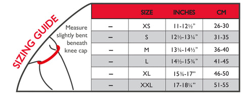 Image of Thermoskin Knee Patella support size chart