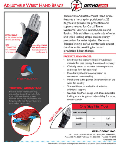 Image of thermoskin adjustable wrist and hand brace for left or right hand product description page