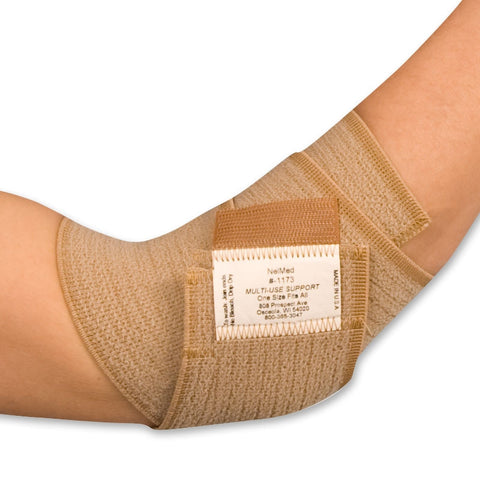 Image of nelmed multi-use wrap, wrapped around elbow, beige color