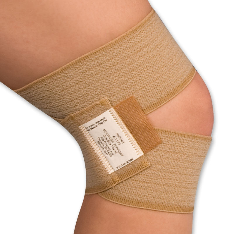 nelmed multi-use wrap, wrapped around knee, beige color