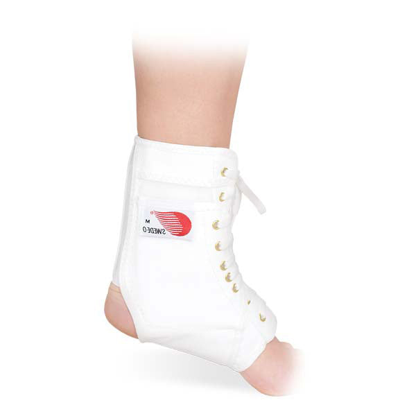 Swede-O Ankle Lok Brace with knit tongue, in white, on ankle, side view